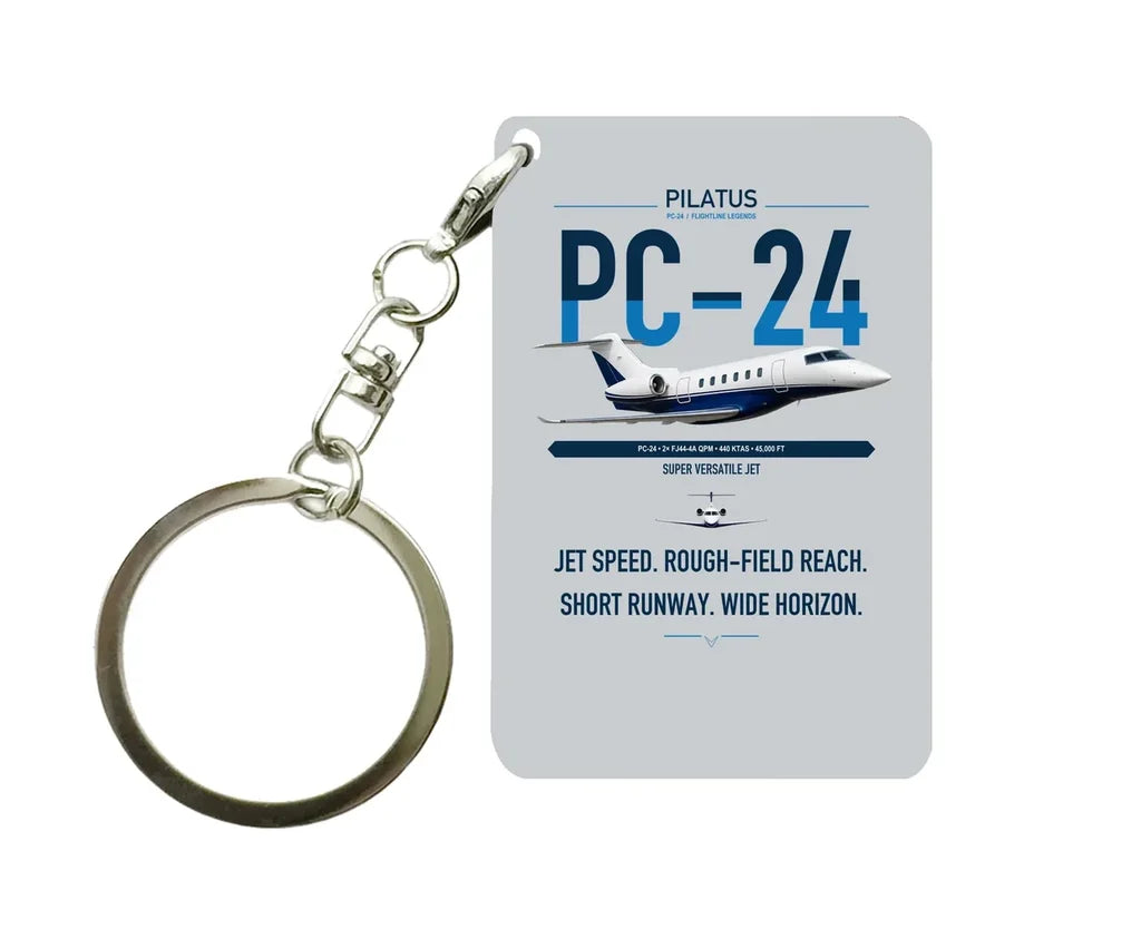Pilatus PC-24 design on light gray designed key chain, double-side print