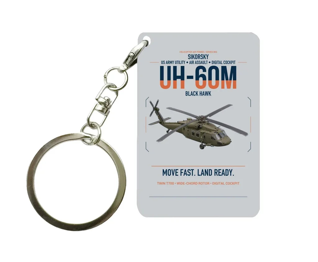 Sikorsky UH-60M Black Hawk design on light gray designed key chain, double-side print