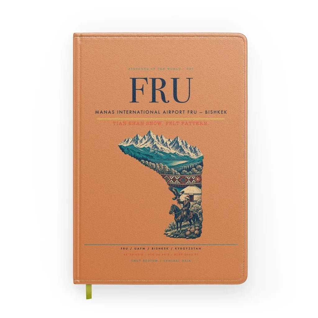 Manas International Airport (FRU) design on orange notebook