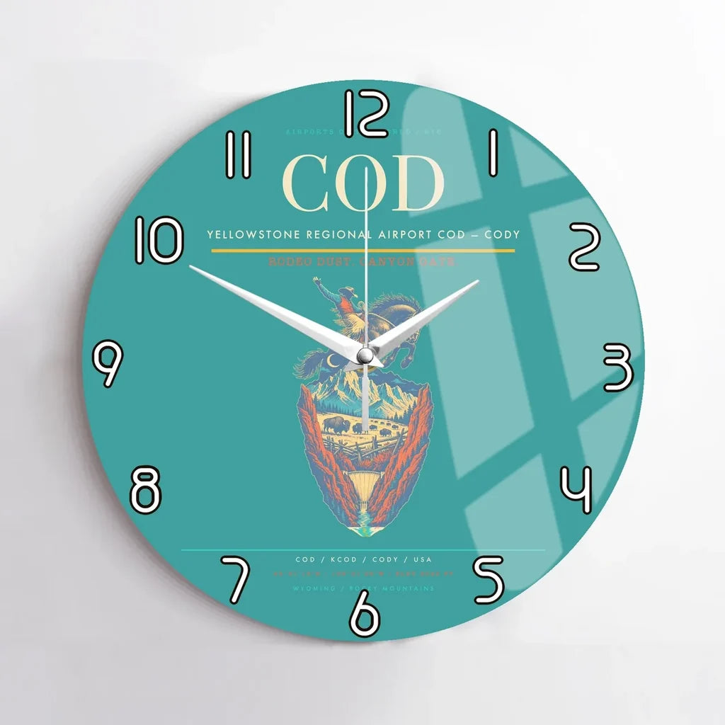 Yellowstone Regional Airport (COD) design on turquoise no frame wall clock