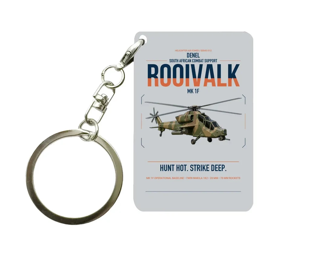 Denel Rooivalk Mk 1F design on light gray designed key chain, double-side print