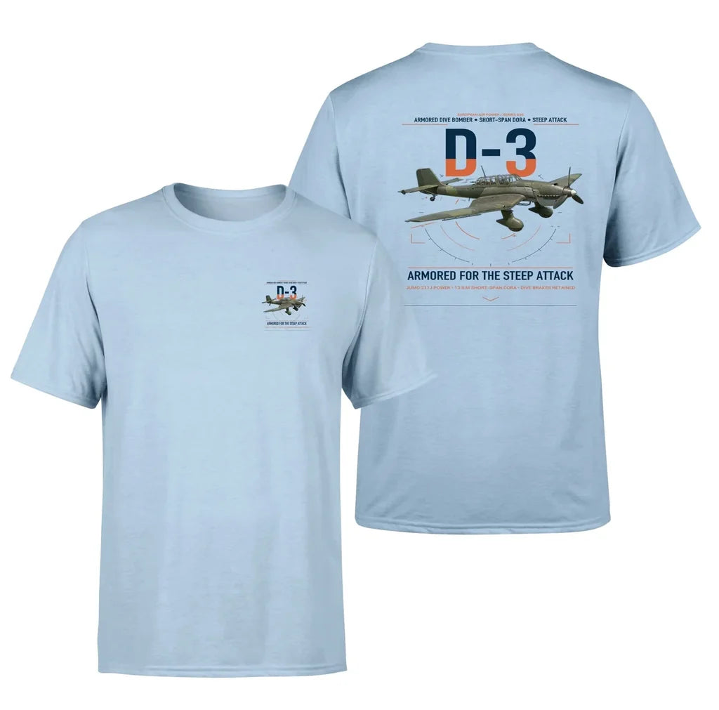 Junkers Ju 87D-3 design on light blue t-shirt, double-side print