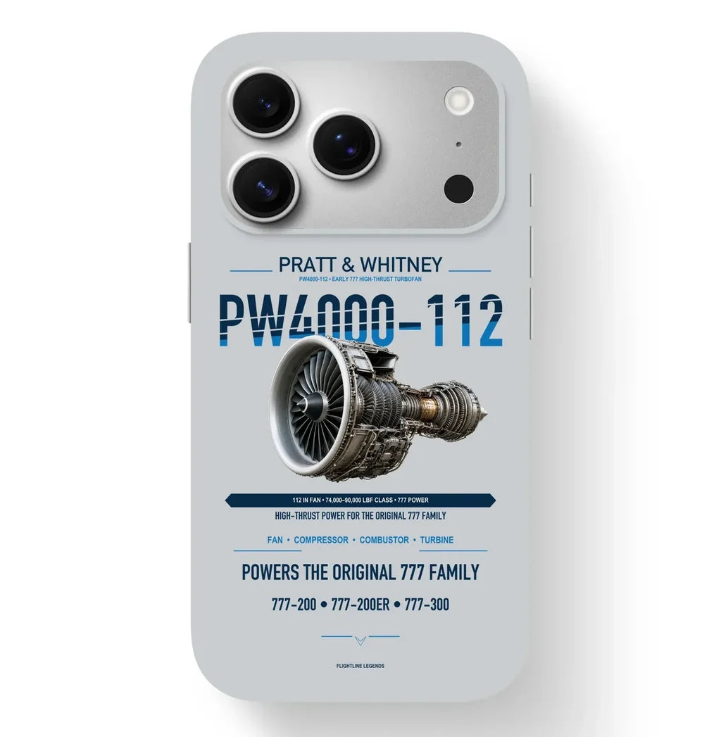 PW4000-112 Case design on light gray iphone case