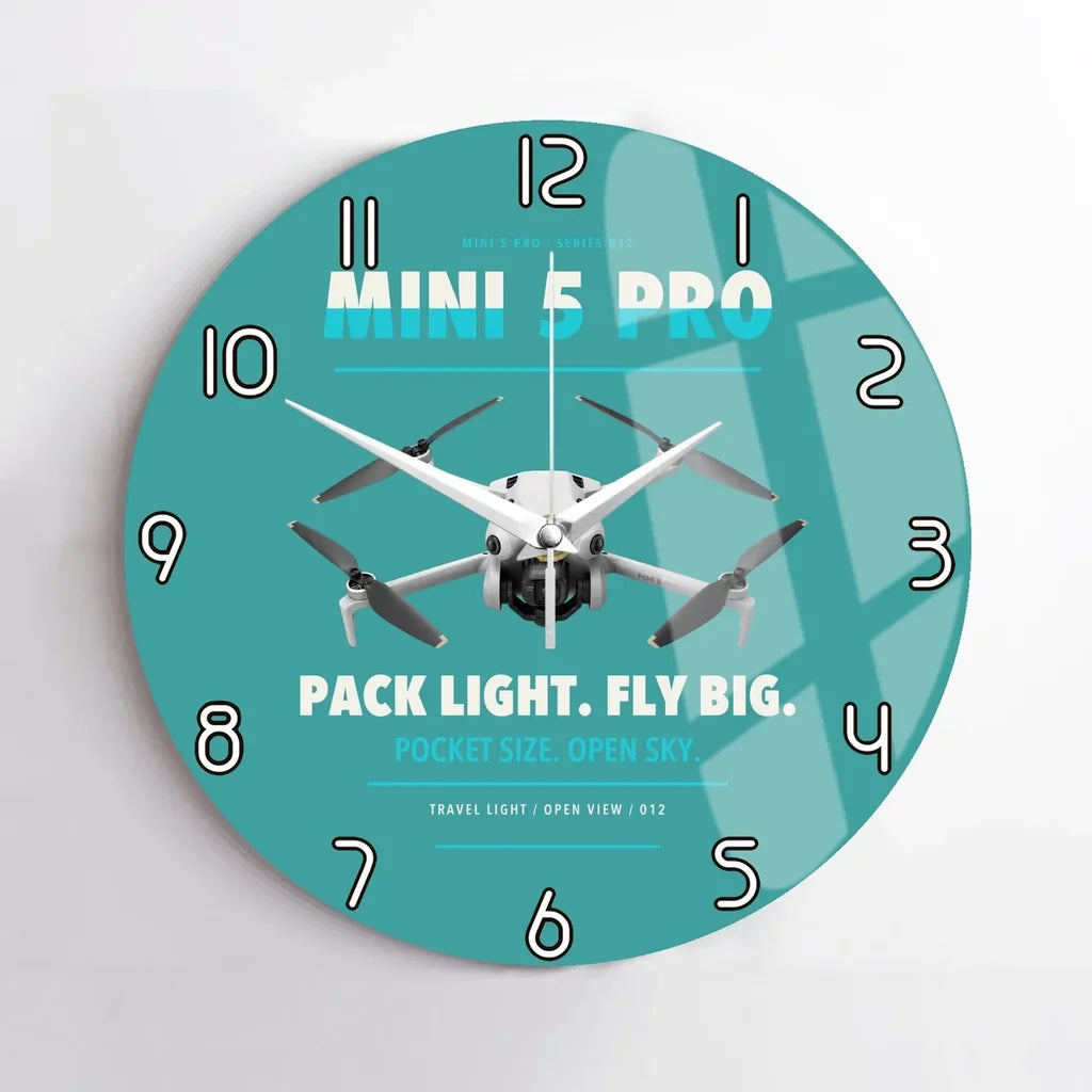 DJI Mini 5 Pro design on turquoise no frame wall clock