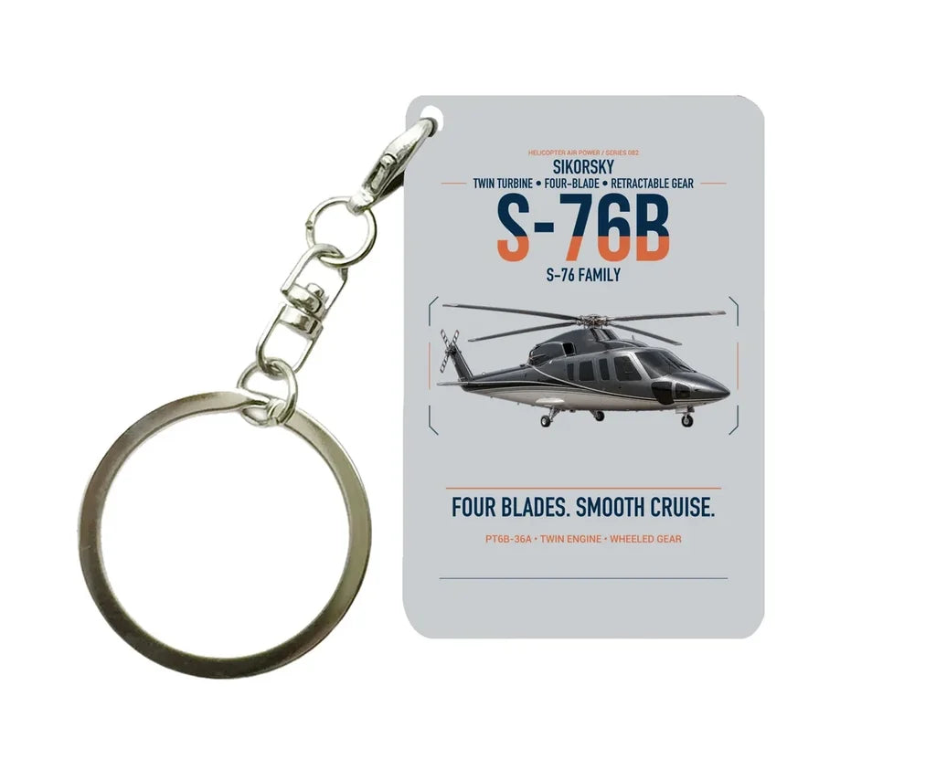 Sikorsky S-76B design on light gray designed key chain, double-side print