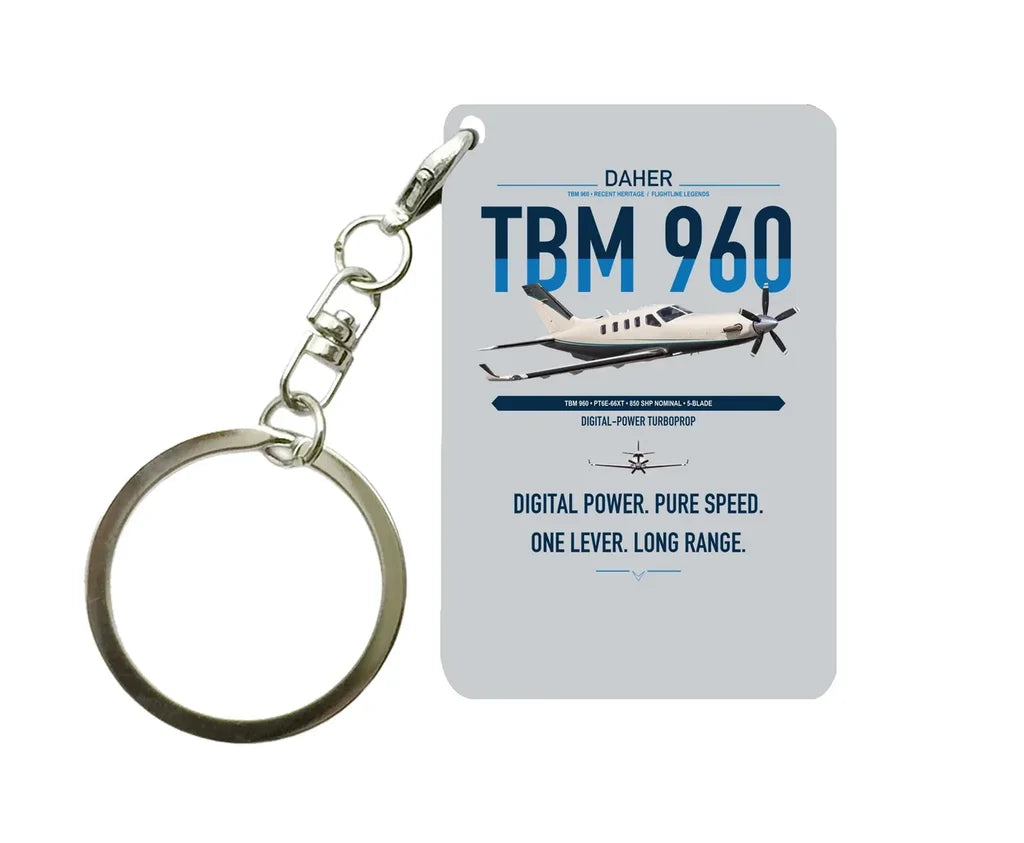 Daher TBM 960 design on light gray designed key chain, double-side print