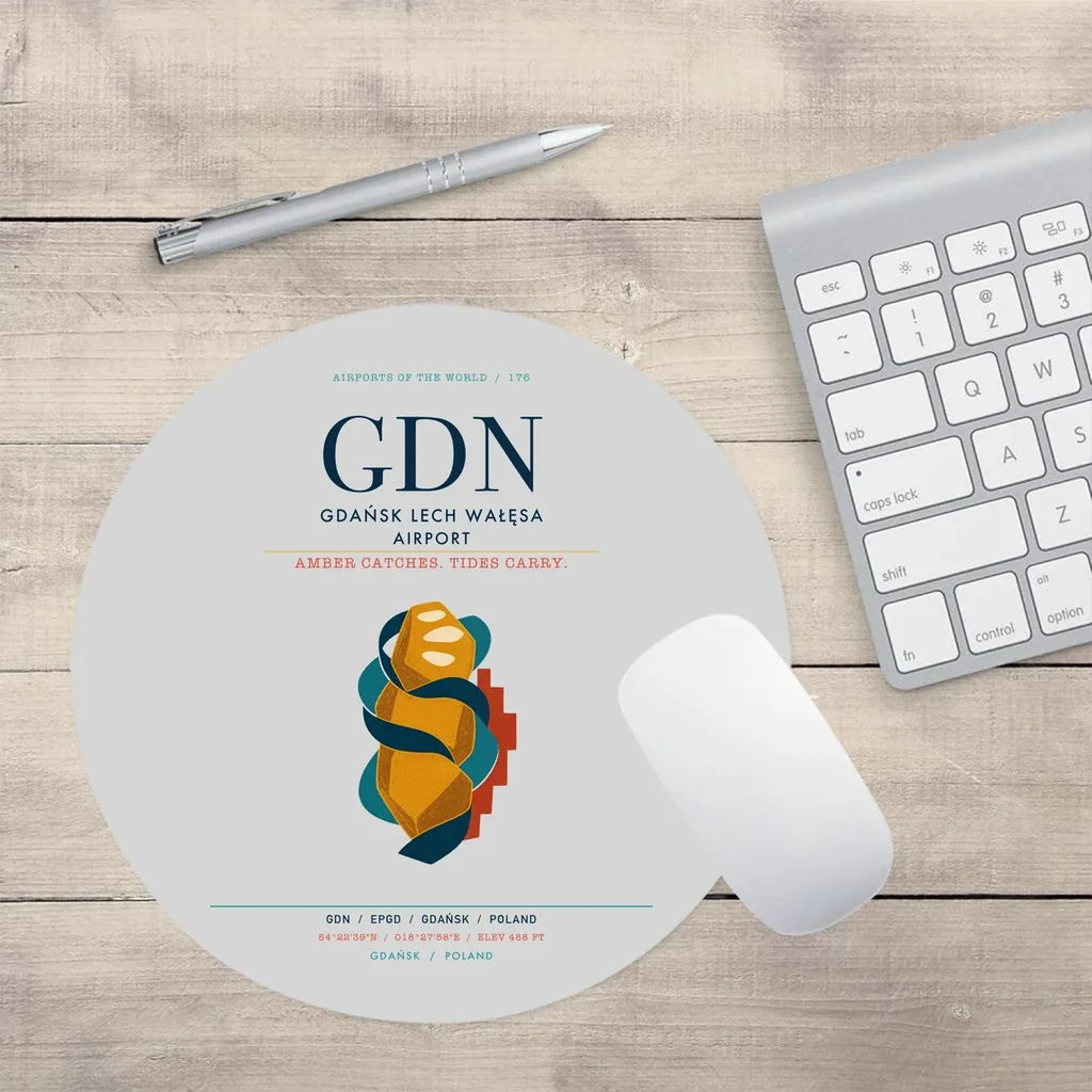 Gdańsk Lech Wałęsa Airport (GDN) design on light gray round mouse pad