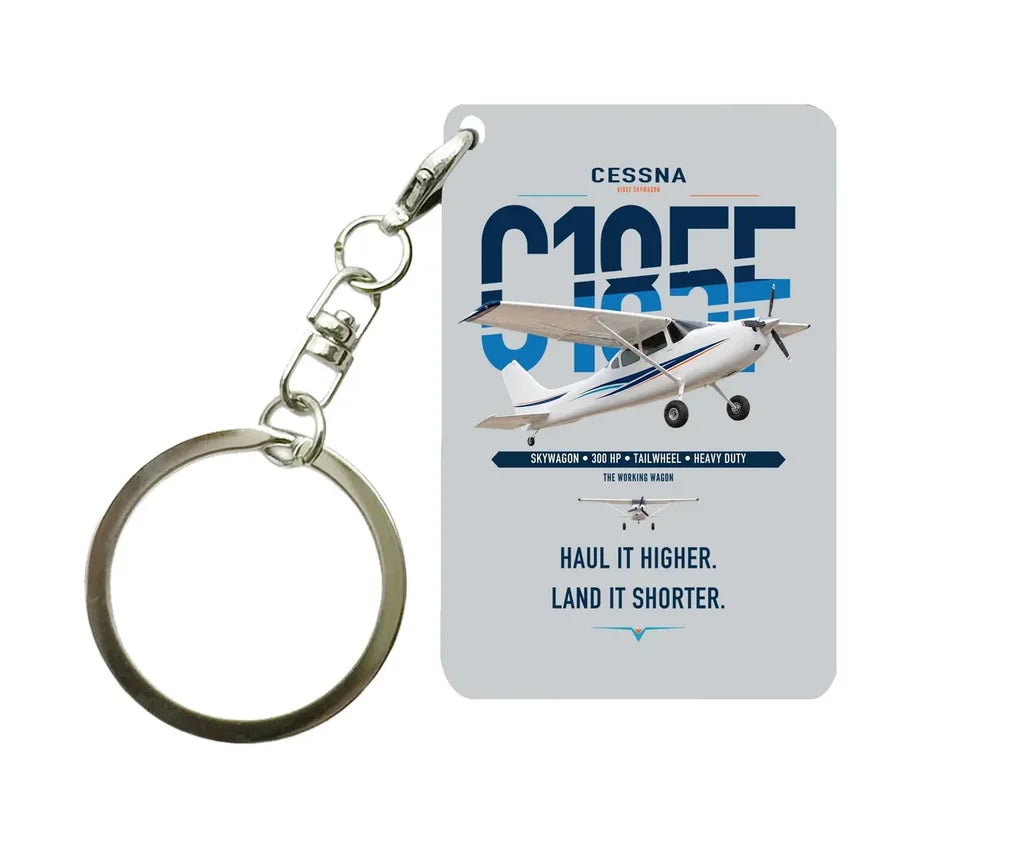 Cessna A185F Skywagon design on light gray designed key chain, double-side print