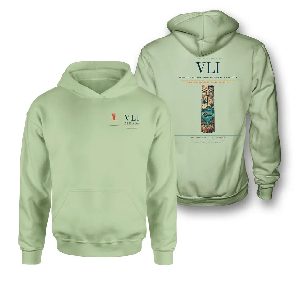 Bauerfield International Airport (VLI) design on light green double-side hoodie