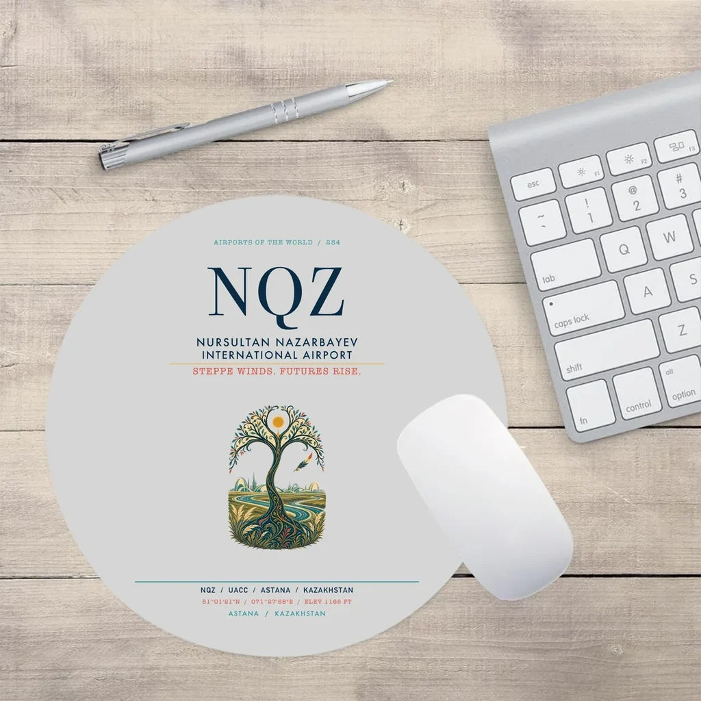 Nursultan Nazarbayev International Airport Astana (NQZ) design on light gray round mouse pad