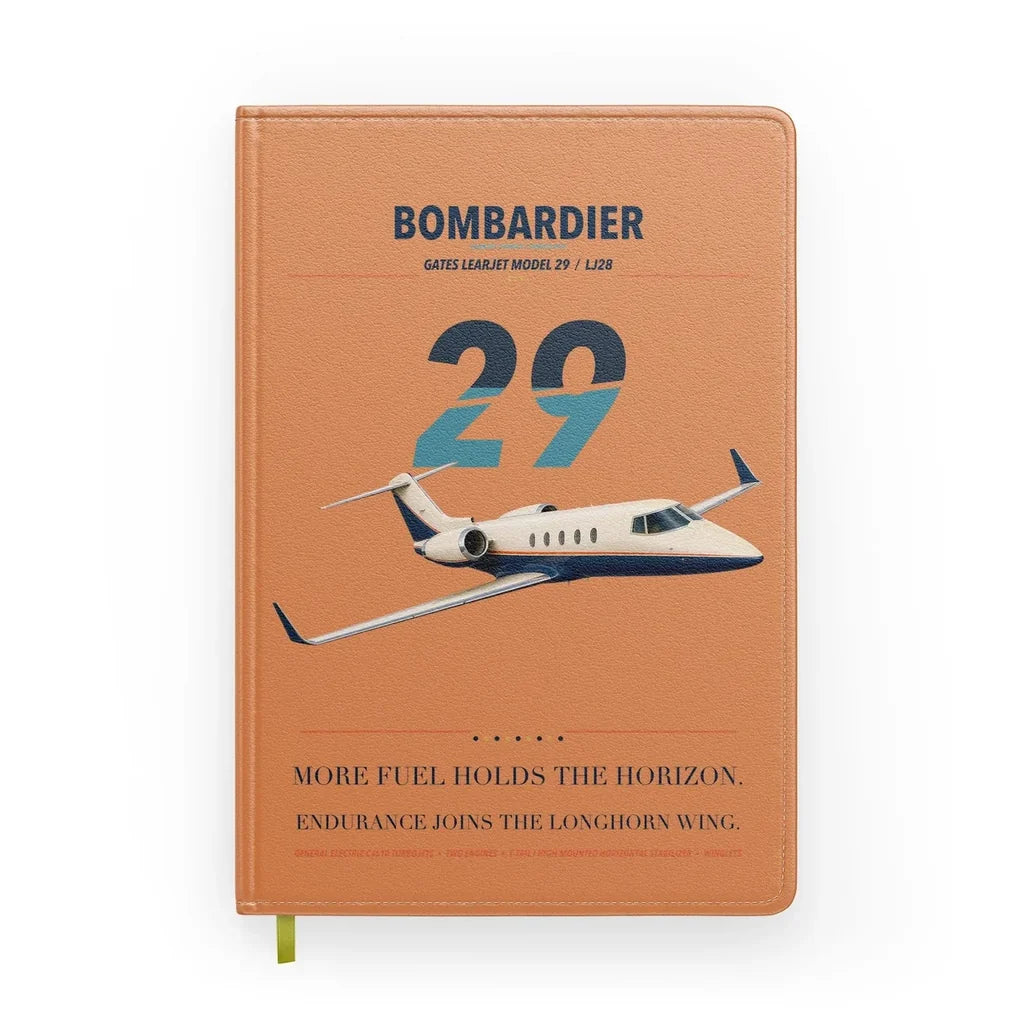 Bombardier Learjet 29 design on orange notebook