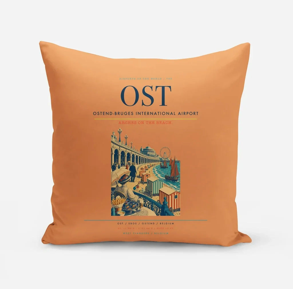 Ostend-Bruges International Airport (OST) design on orange pillow