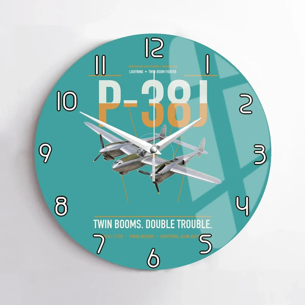 P-38J Lightning design on turquoise no frame wall clock