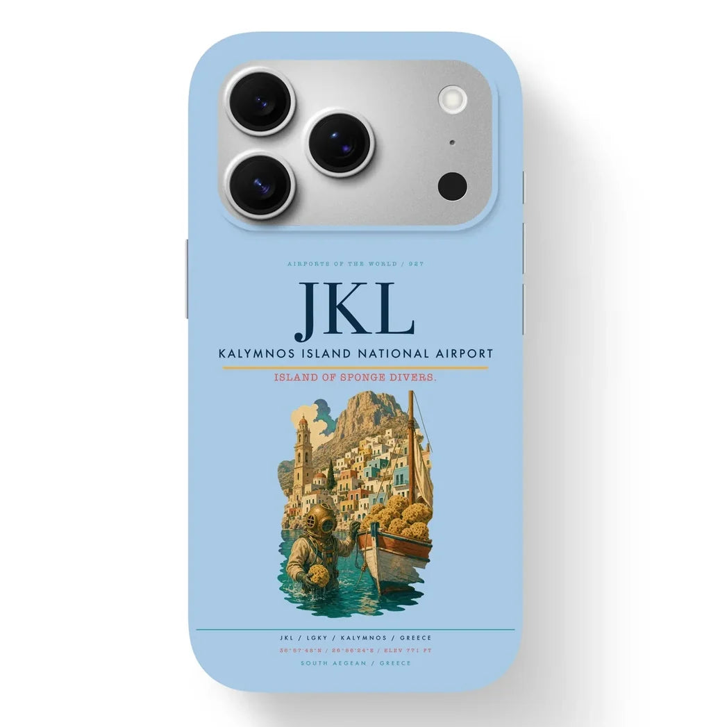 Kalymnos Airport (JKL) design on light blue iPhone 17 Pro MagSafe case