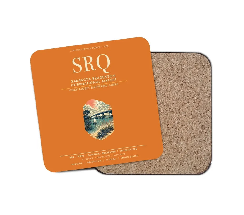 Sarasota Bradenton International Airport (SRQ) design on orange 1 piece coaster