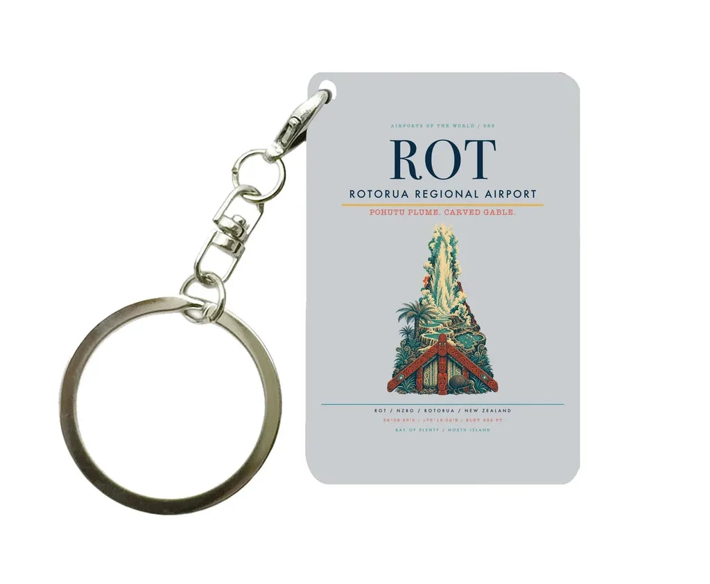 Rotorua Regional Airport ROT Key Chain design on light gray key chain