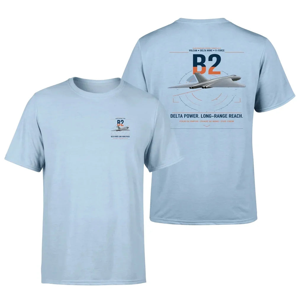 Avro Vulcan B2 design on light blue t-shirt, double-side print