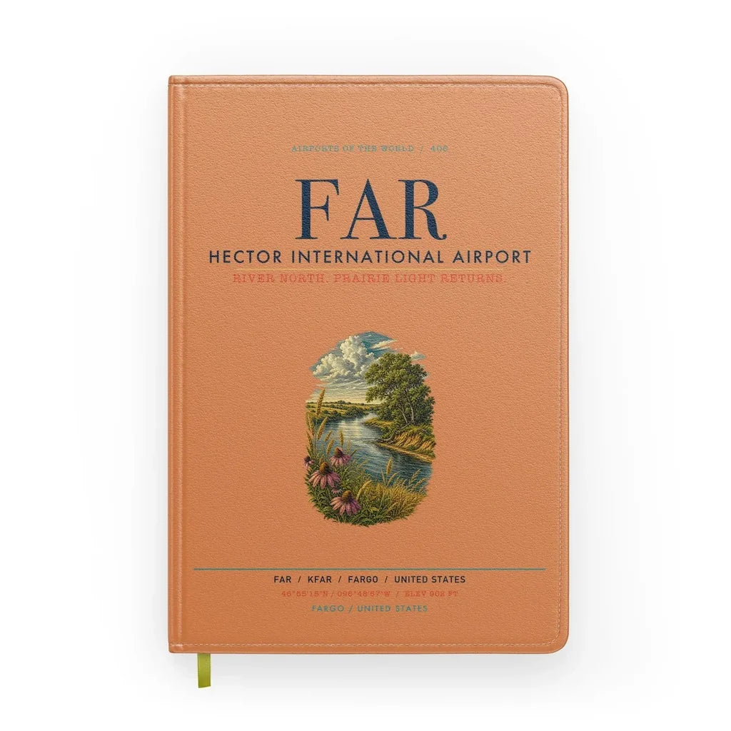 Hector International Airport (FAR) design on orange notebook