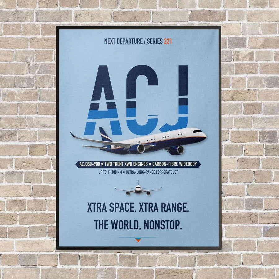 Airbus ACJ350 / exact ACJ350-900 vertical canvas print - framed - light blue background