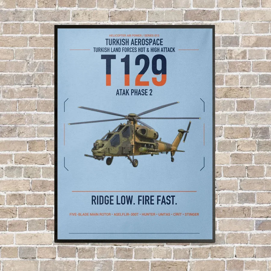 Turkish Aerospace T129 ATAK Phase 2 vertical canvas print - framed - light blue background