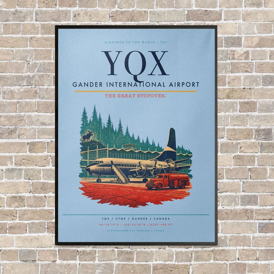 Gander International Airport YQX vertical canvas print - framed - light blue background