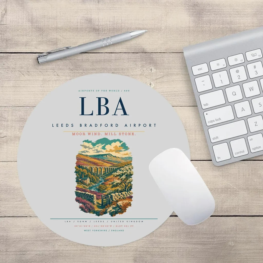 Leeds Bradford Airport (LBA) design on light gray round mouse pad