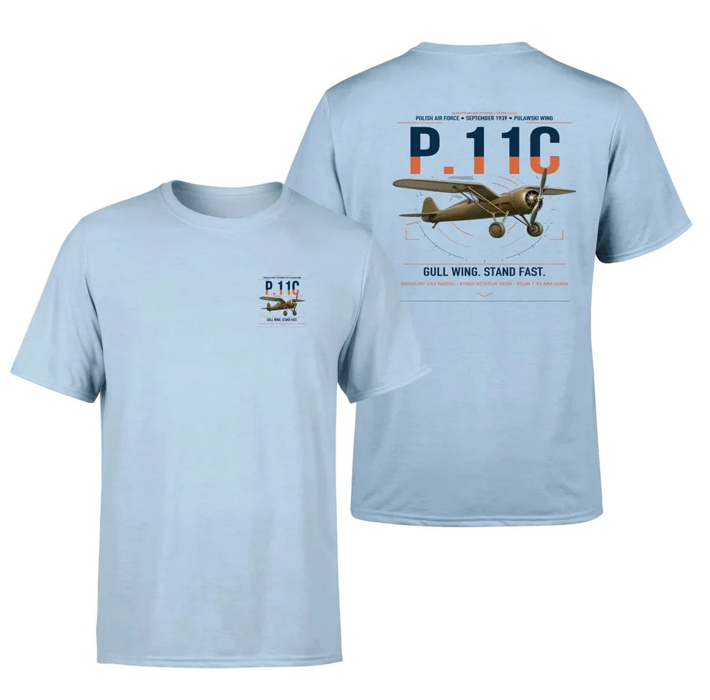 PZL P.11c design on light blue t-shirt, double-side print
