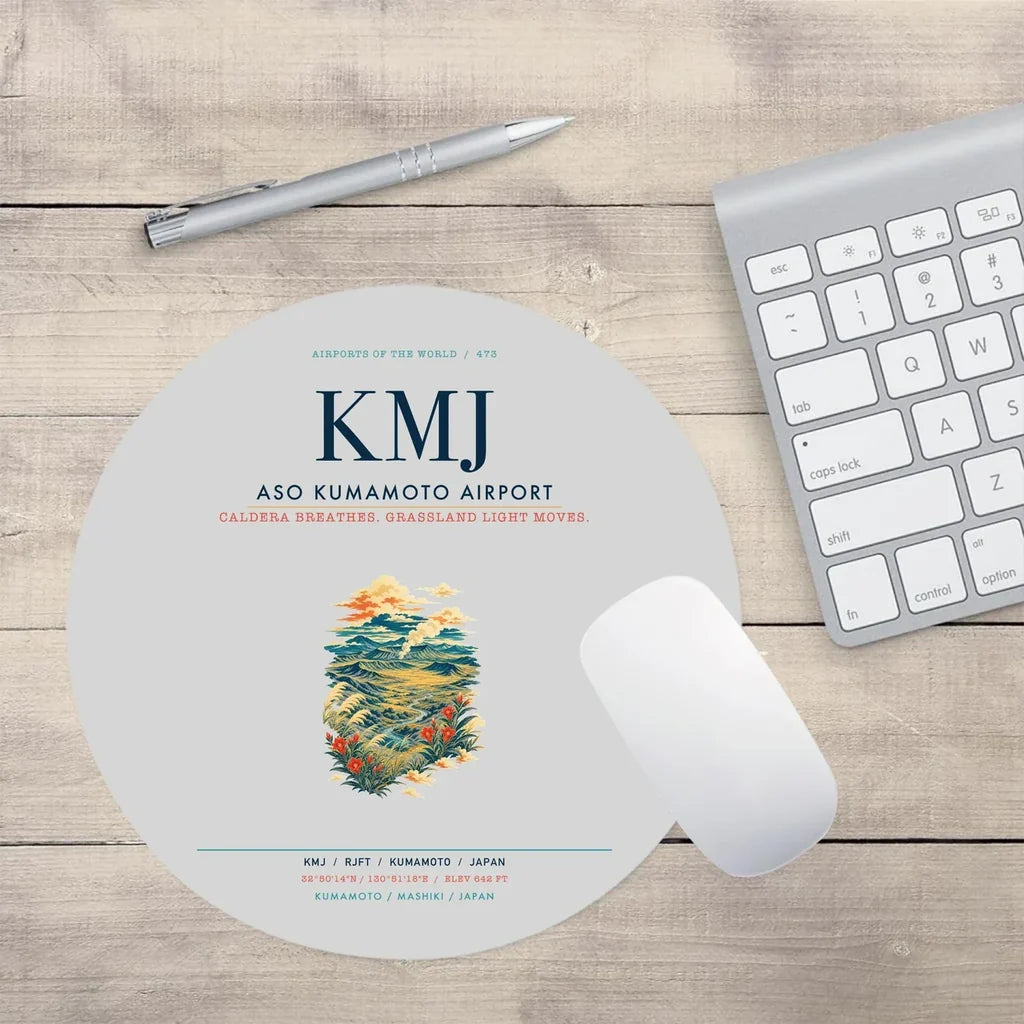 Aso Kumamoto Airport (KMJ) design on light gray round mouse pad