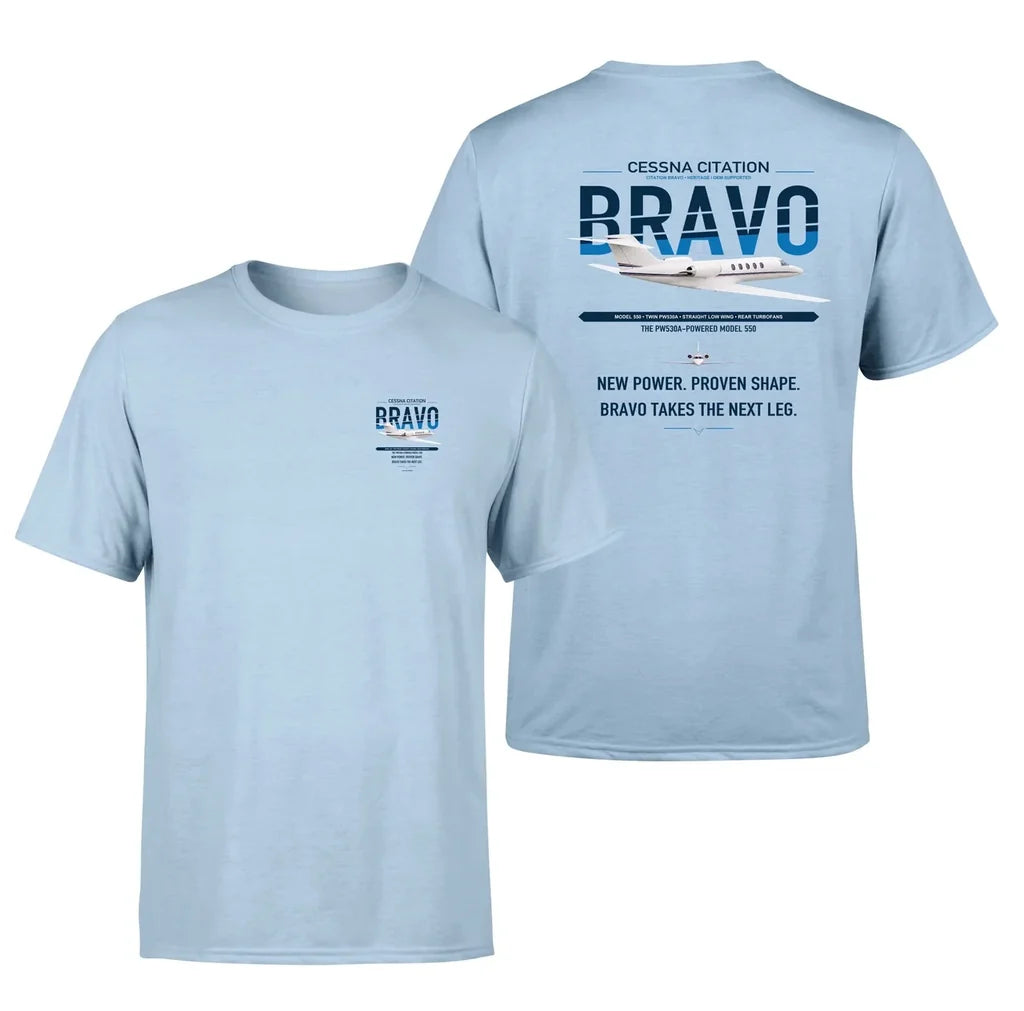 Cessna Citation Bravo design on light blue double-side t-shirt, double-side print
