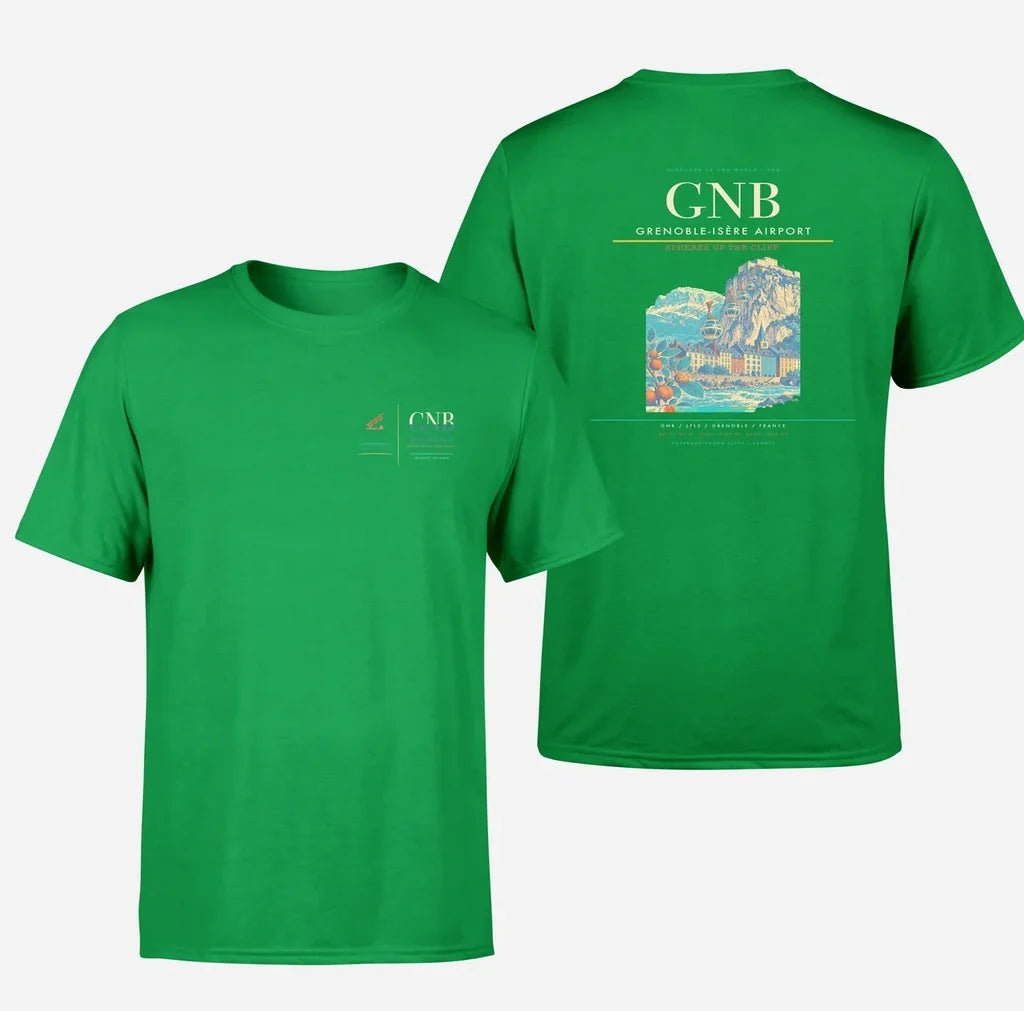 Grenoble-Isère Airport (GNB) design printed on green double-side t-shirt