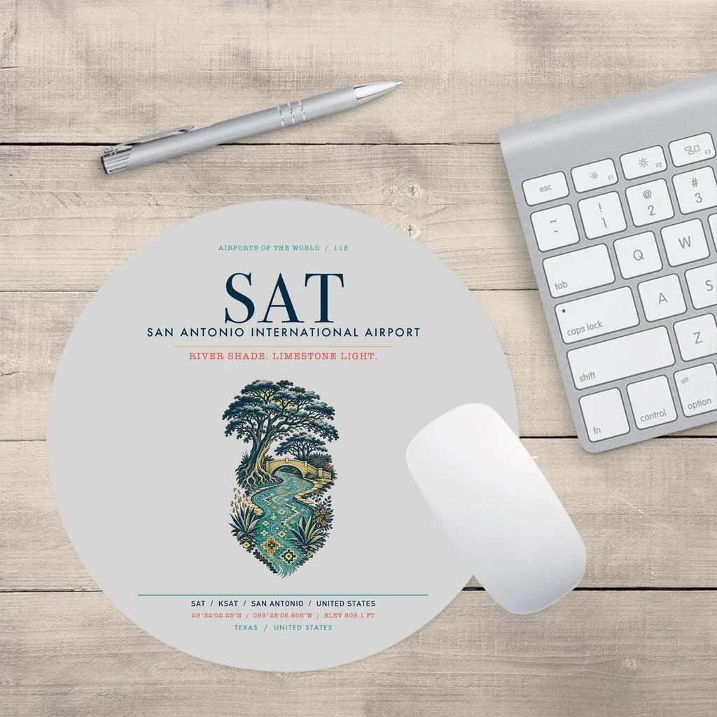 San Antonio International Airport (SAT) design on light gray round mouse pad