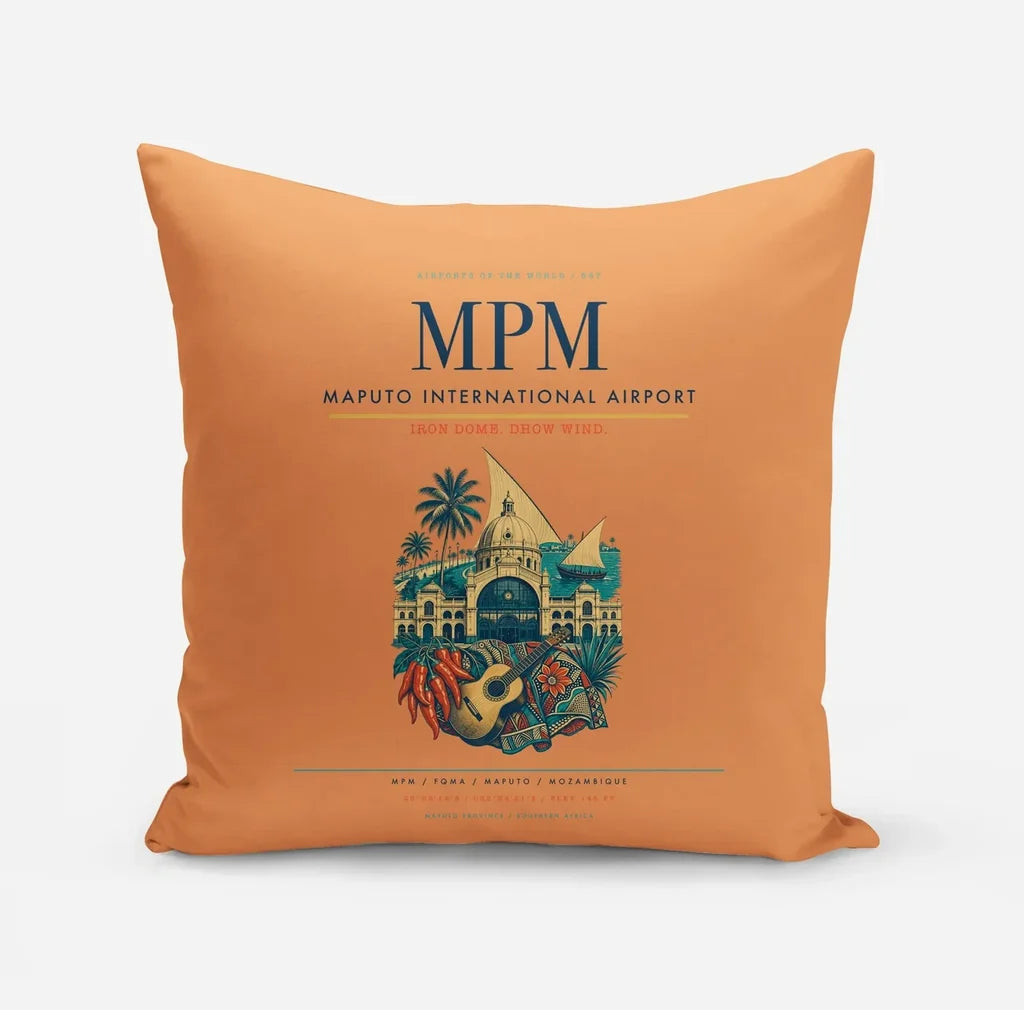 Maputo International Airport (MPM) design on orange pillow
