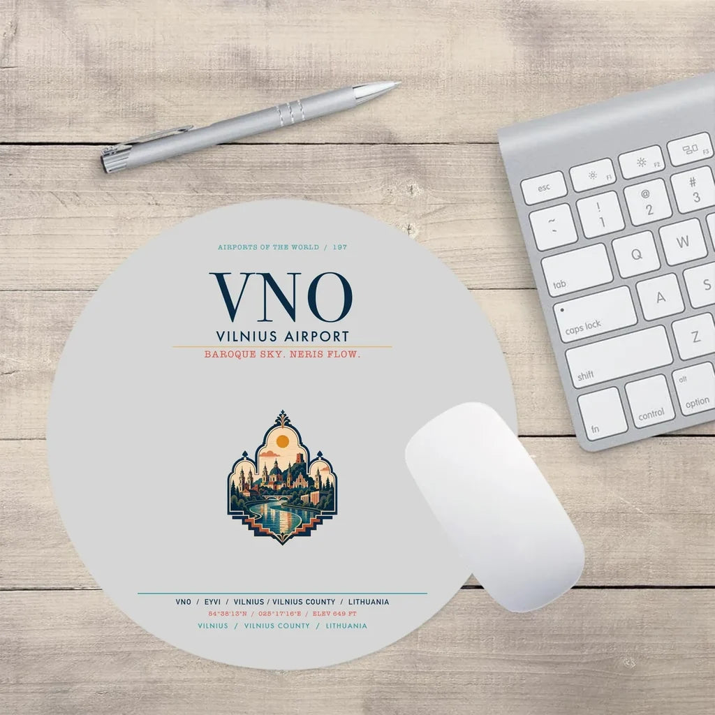 Vilnius Airport (VNO) design on light gray round mouse pad