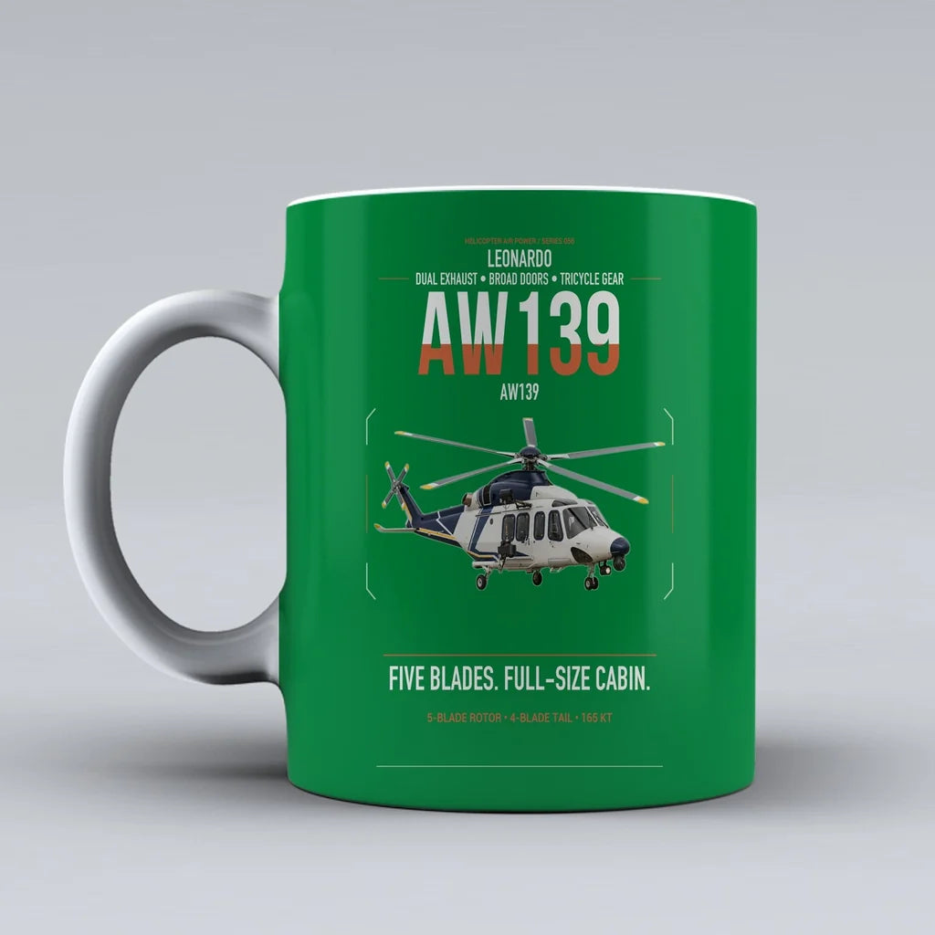 Leonardo AW139 design on green ceramic mug, double-side print