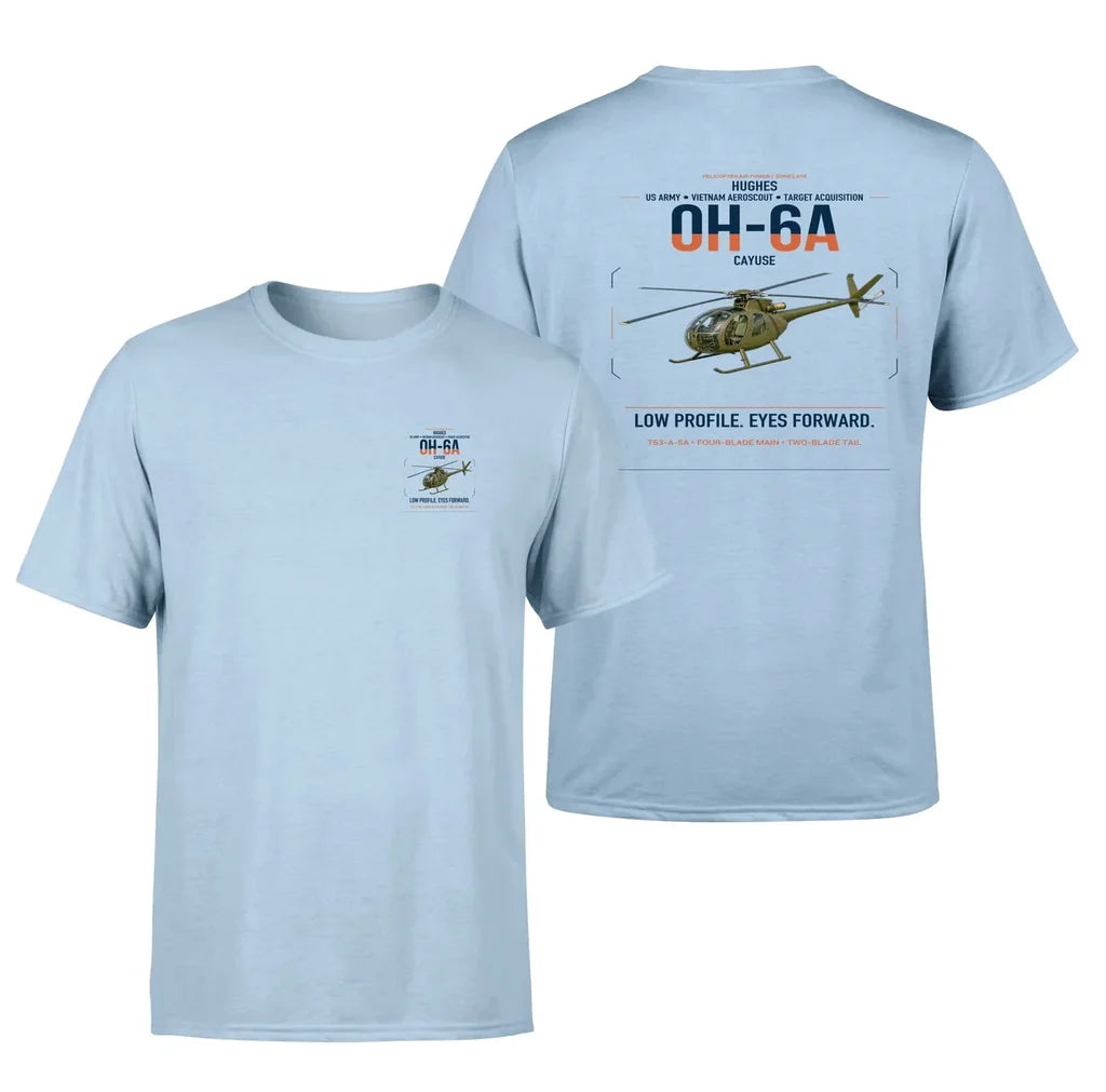 Hughes OH-6A Cayuse design on light blue t-shirt, double-side print