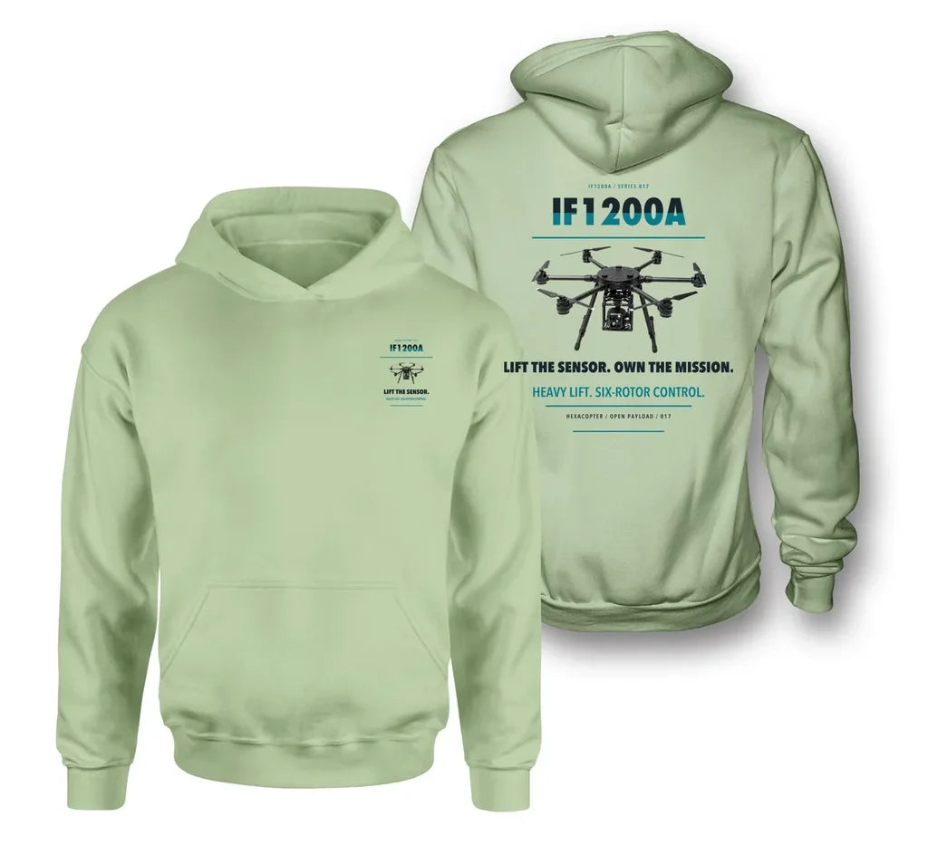 Inspired Flight IF1200A design on light green hoodie