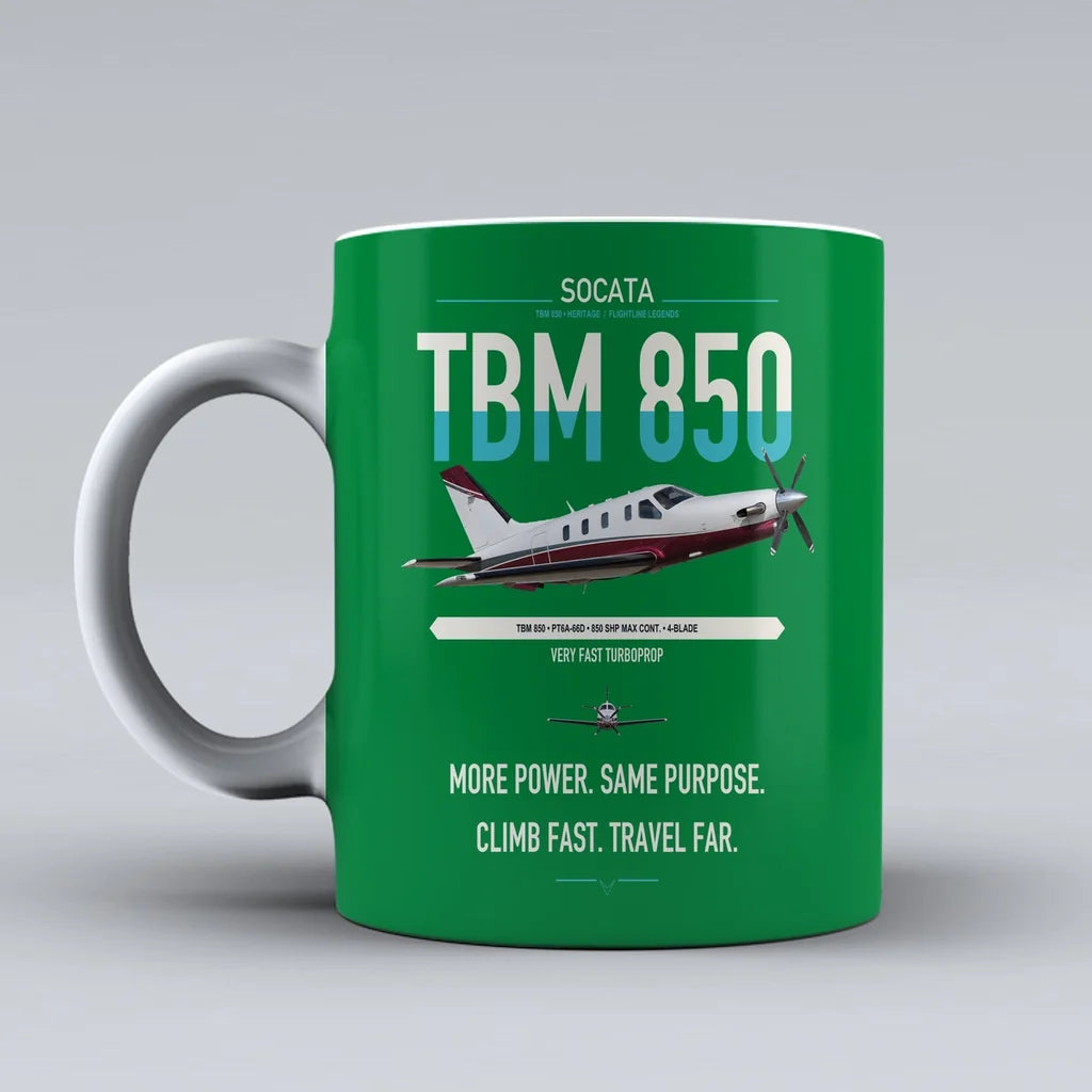 Socata TBM 850 design on green ceramic mug, double-side print