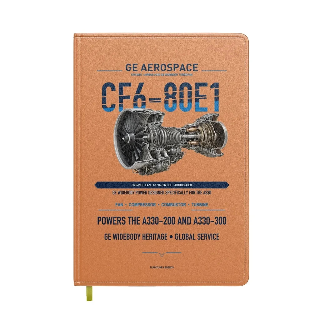 CF6-80E1 design on orange notebook