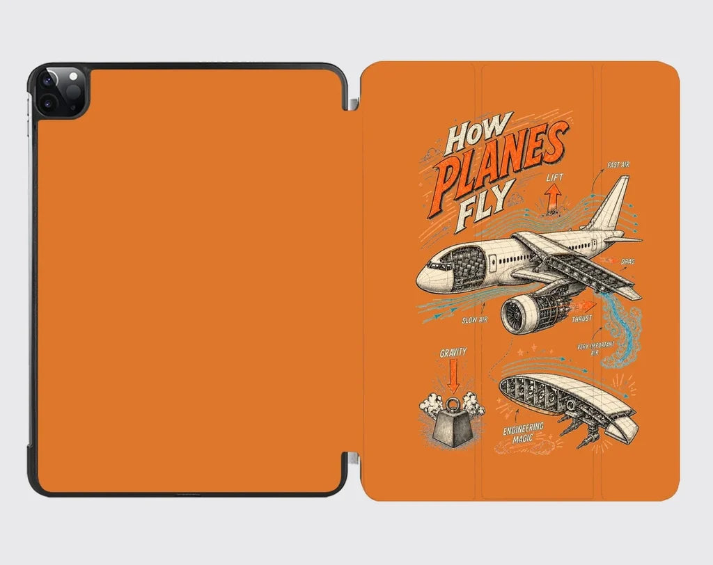 How Planes Fly V2 design on orange ipad tablet case