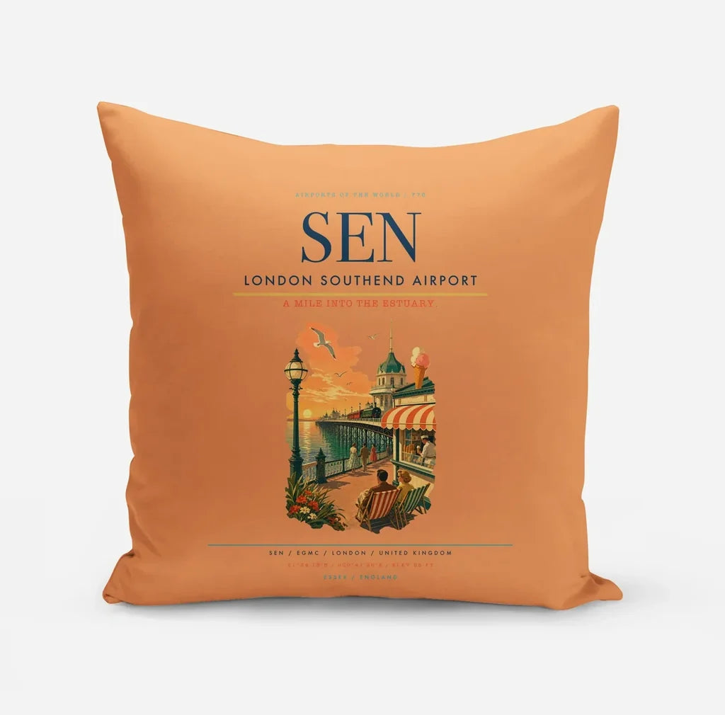 London Southend Airport (SEN) design on orange pillow