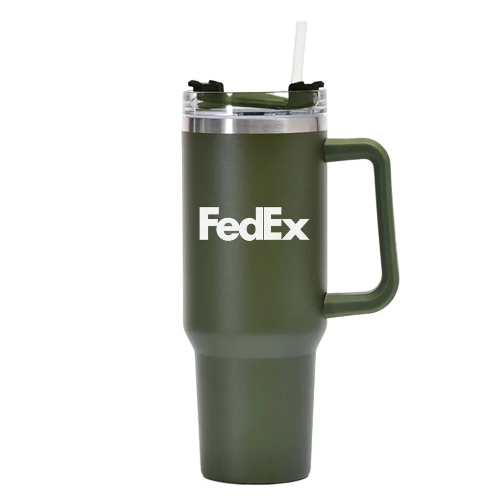 FedEx 40oz Stainless Steel Car Mug With Holder in army green