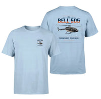 Thumbnail for Bell 505 Jet Ranger X design on light blue t-shirt, double-side print