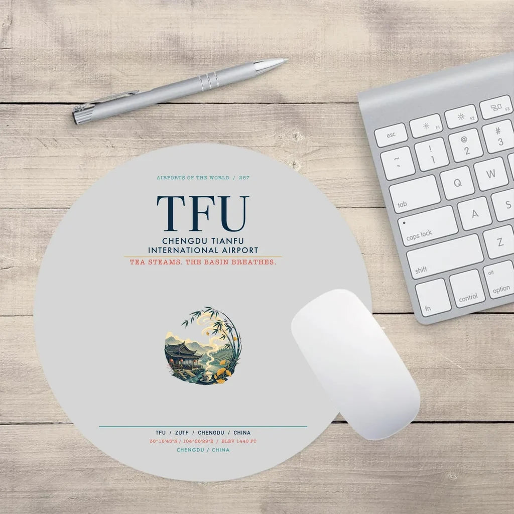 Chengdu Tianfu International Airport (TFU) design on light gray round mouse pad