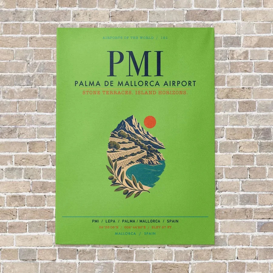 Palma de Mallorca Airport PMI vertical canvas print - no frame - light green background