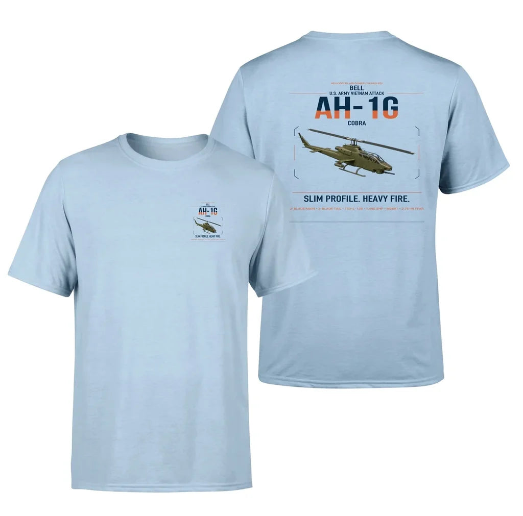 Bell AH-1G Cobra design on light blue t-shirt, double-side print