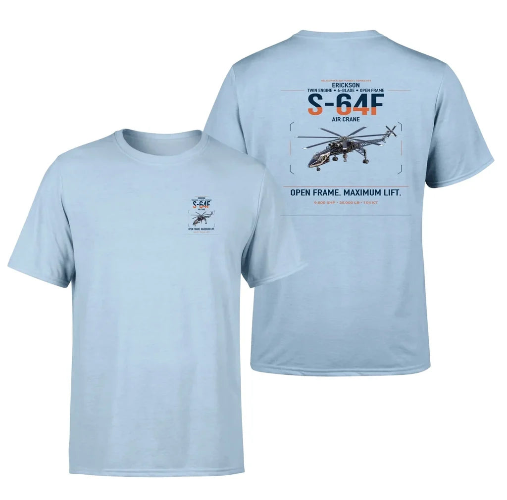 Erickson S-64F Air Crane design on light blue t-shirt, double-side print