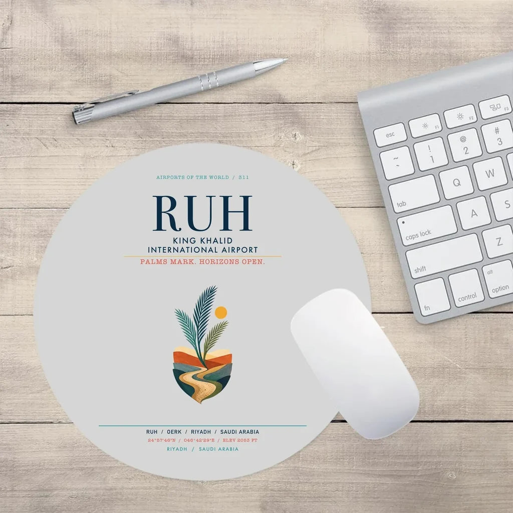 King Khalid International Airport (RUH) design on light gray round mouse pad