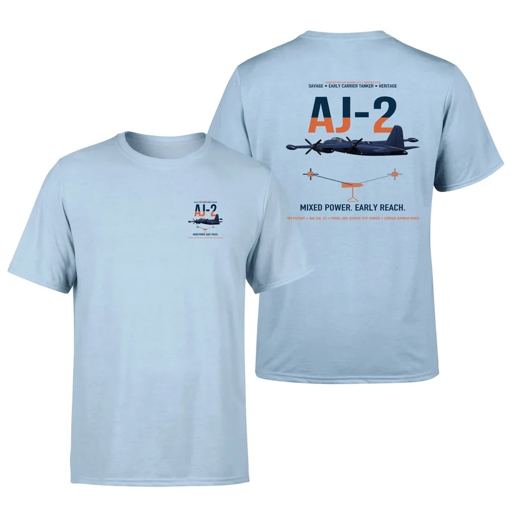 AJ-2 Savage Tanker design on light blue double-side t-shirt, double-side print
