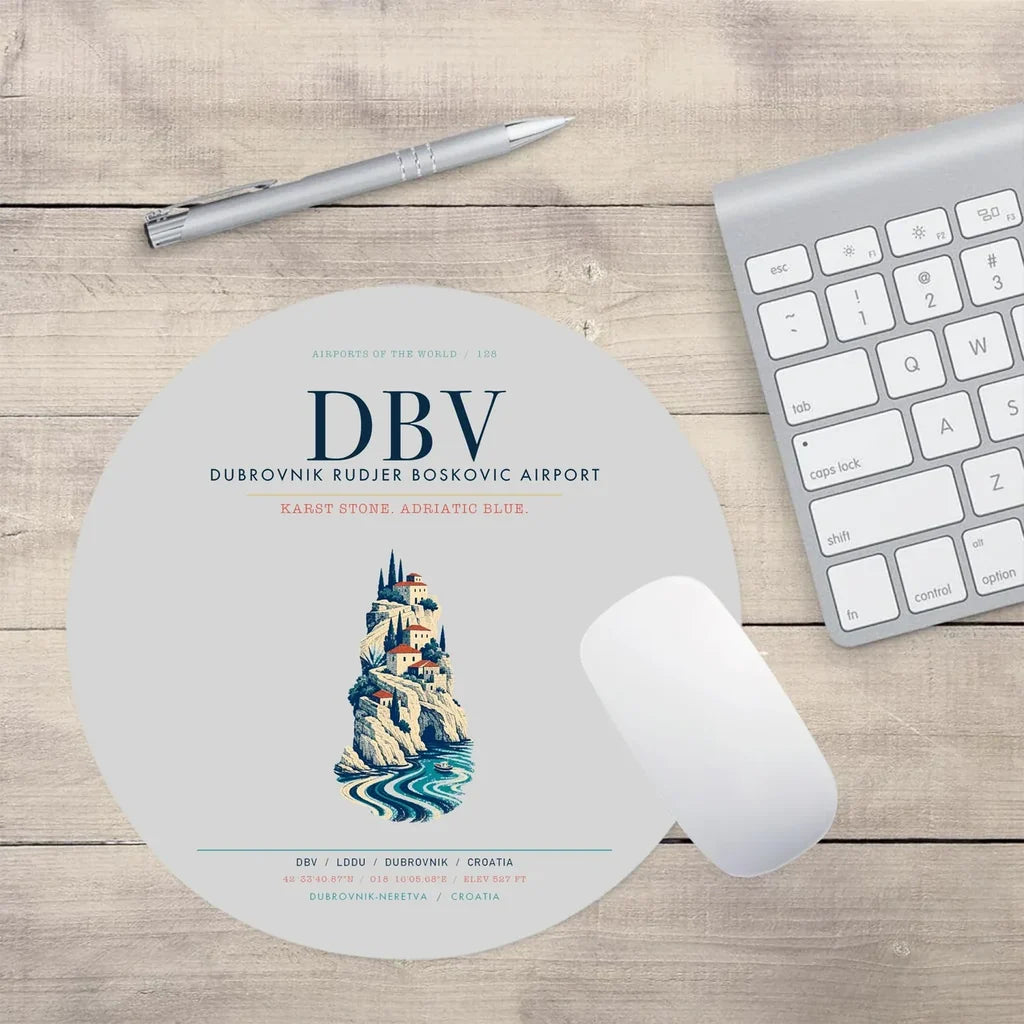 Dubrovnik Ruđer Bošković Airport (DBV) design on light gray round mouse pad