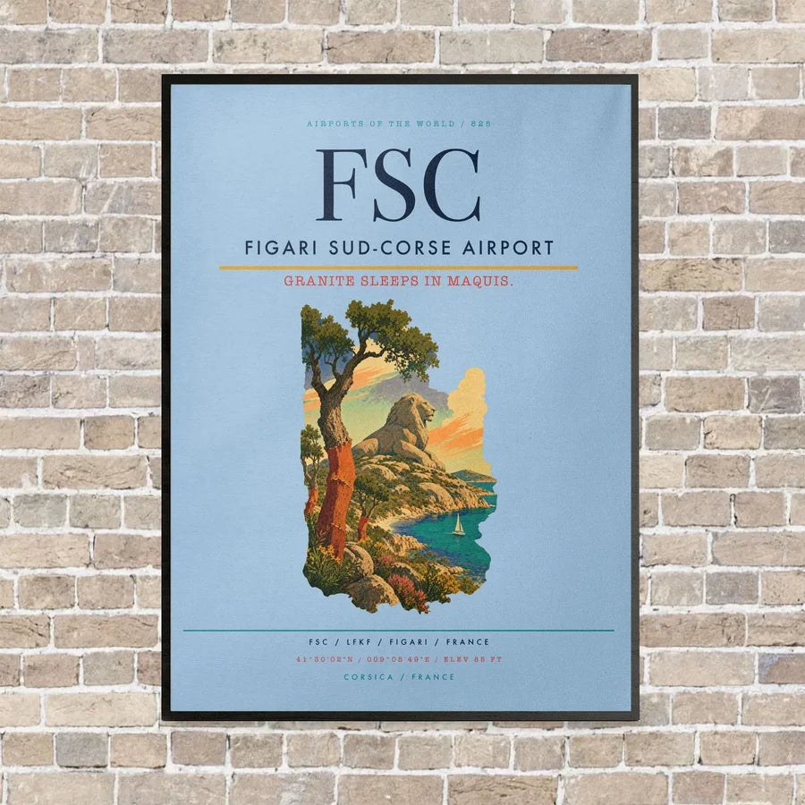 Figari Sud-Corse Airport FSC vertical canvas print - framed - light blue background